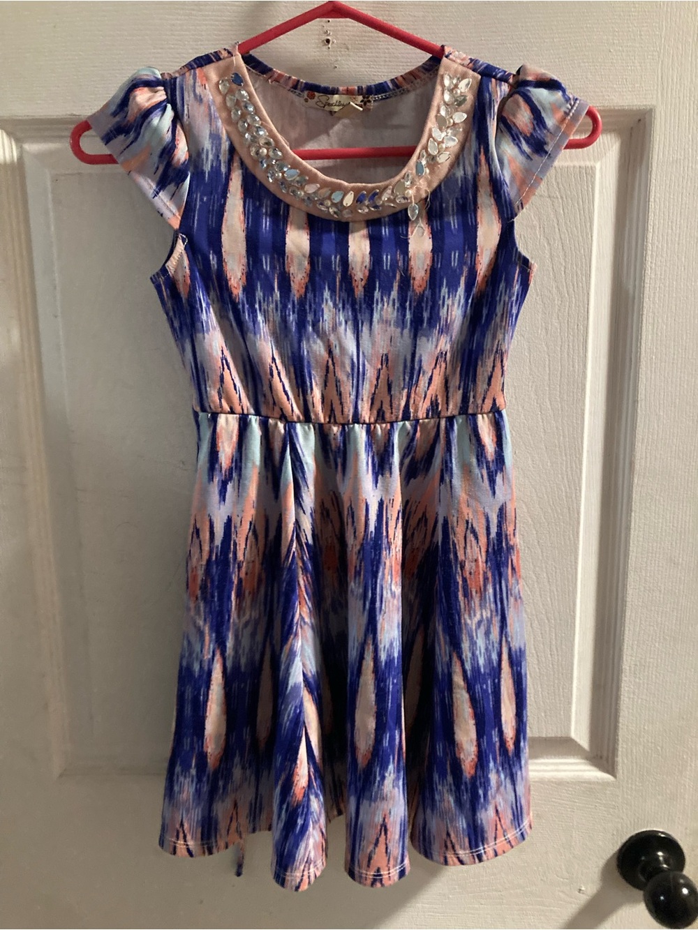 Speechless Blue and Pink Patterned Jewel-Neck Fit & Flare Dress